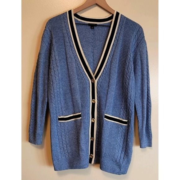 Talbots Sweaters - Talbots Petite MP Blue Cable Knit Cardigan Sweater Longline Contrast Trim Preppy